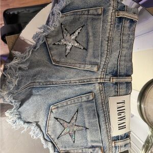 Blue Jean Shorts with Distressed Raw Hem